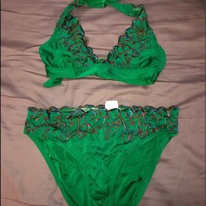 Green embroidered bikini set
